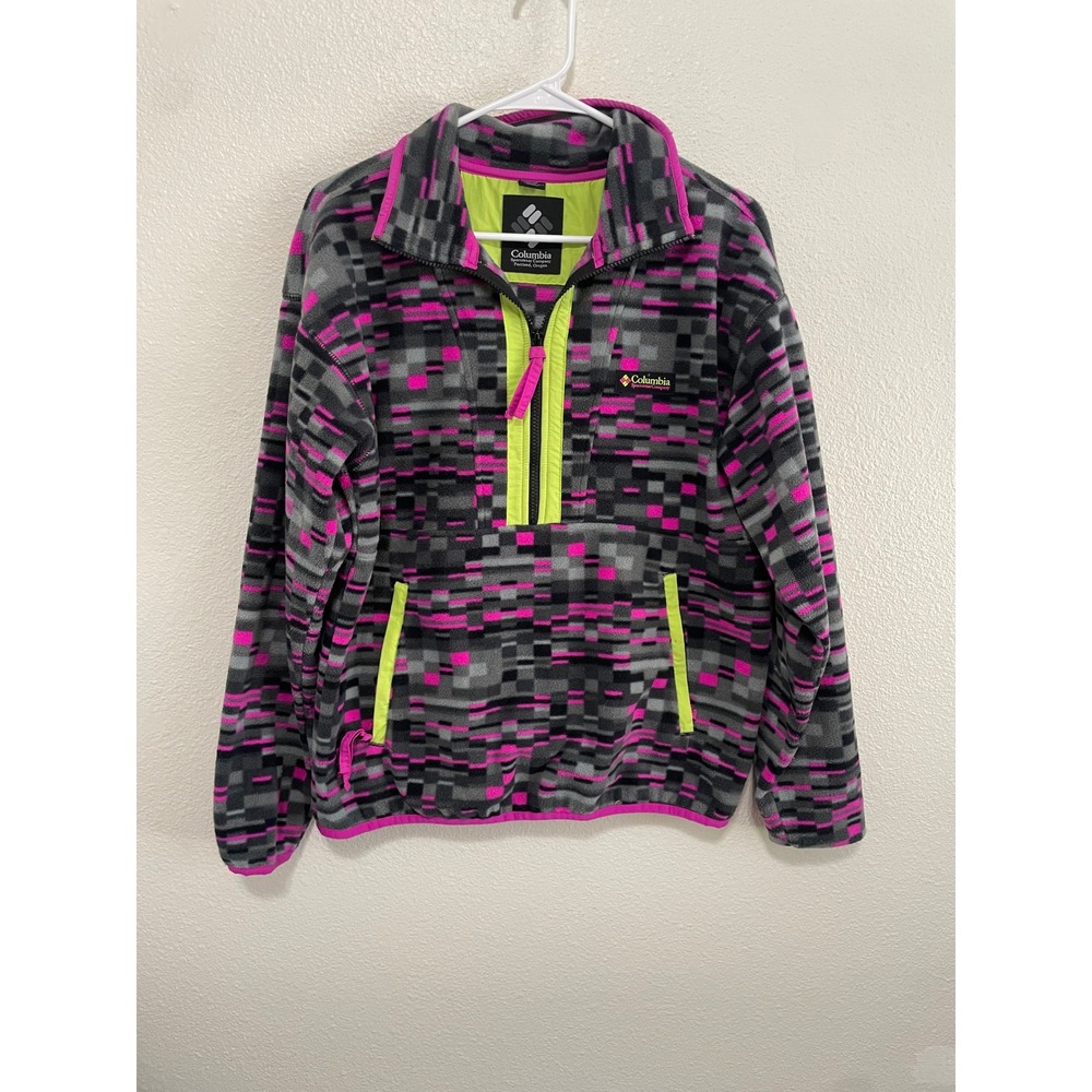 Columbia Fleece Pullover Womens Med Pink Gray Pixel Geometric Quarter Zip Retro
